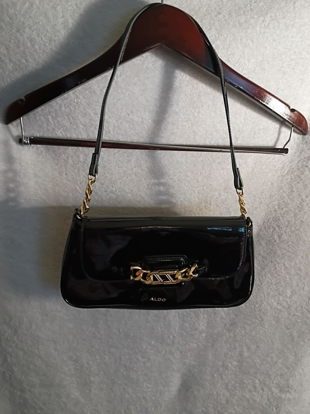 Aldo Black Patent Shoulder Bag with Gold Chain Detail